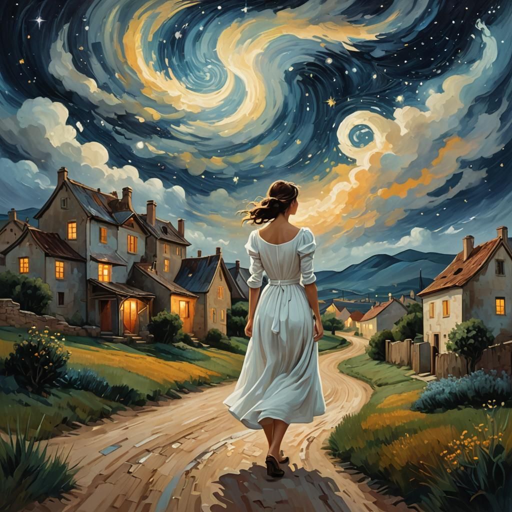 Dreamlike Village Under Starry Night Sky