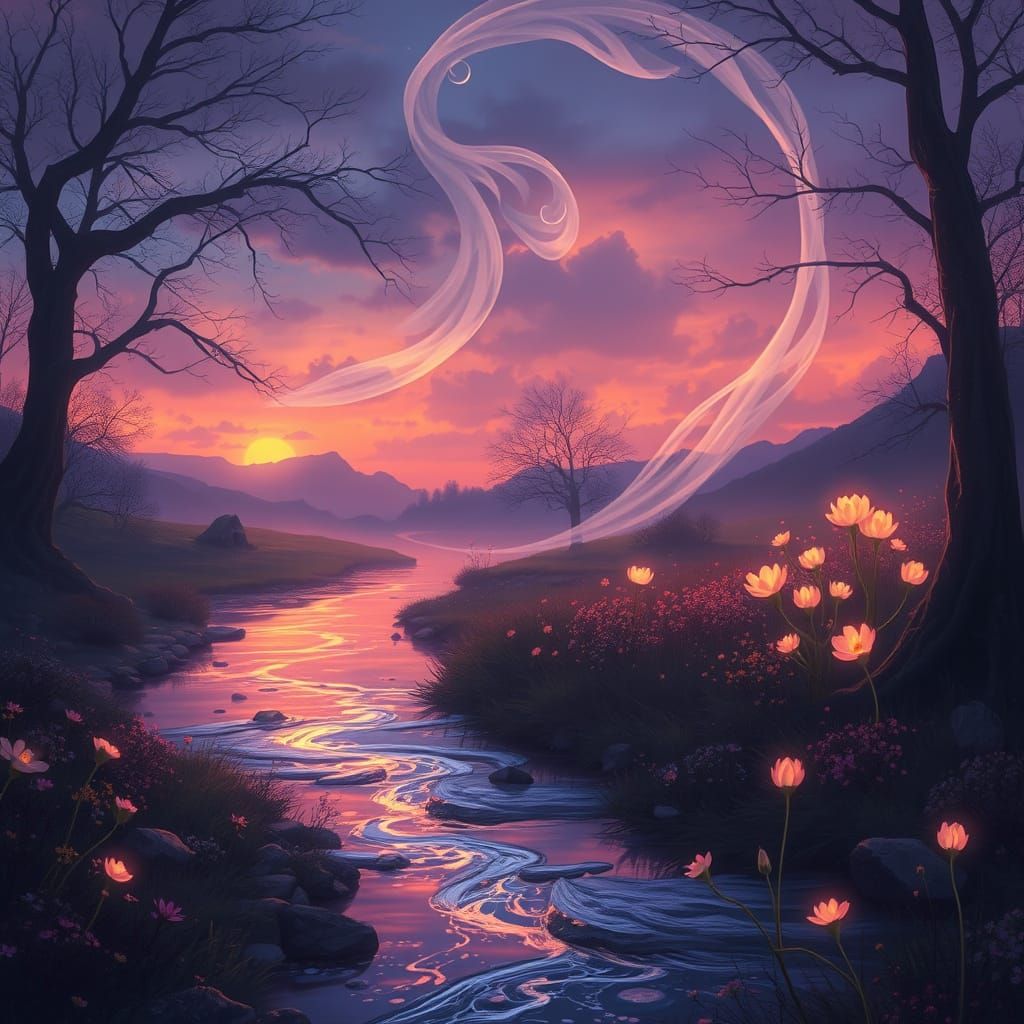 Ethereal Twilight River with Glowing Flora