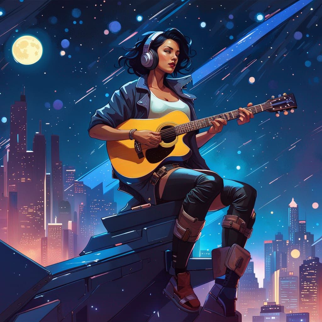 Cyberpunk Woman Plays Guitar Under Starry Sky