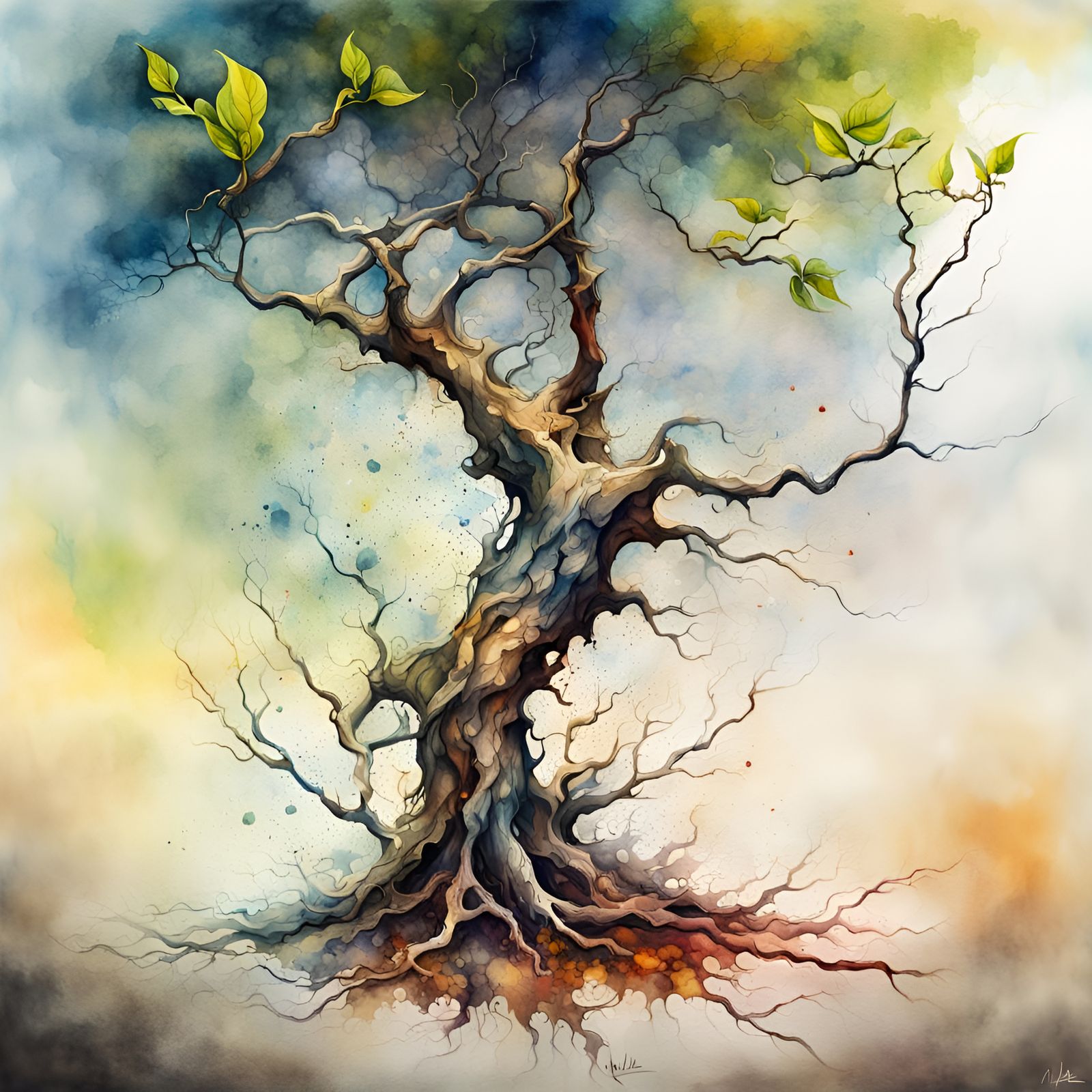 Surreal Tree Disintegrating: Stylized Watercolor Illustratio...