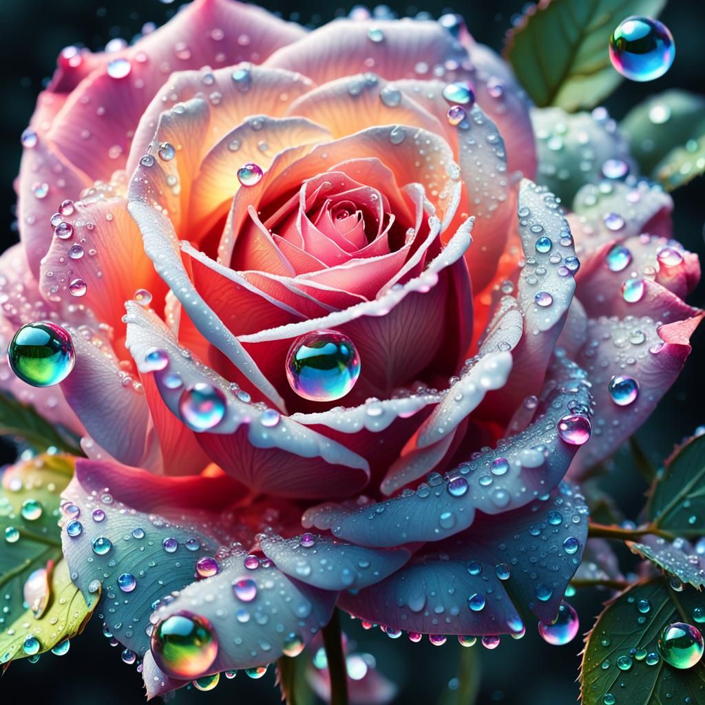 Iridescent Dew Drops: Hyperrealistic Digital Art