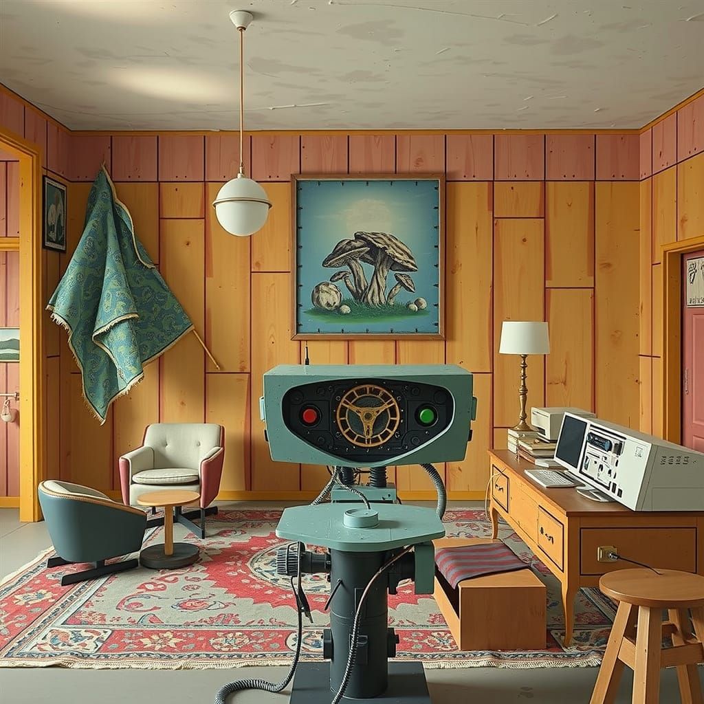 Surreal Mushroom Bungalow with Rusty Computer, Hyperreal Sty...
