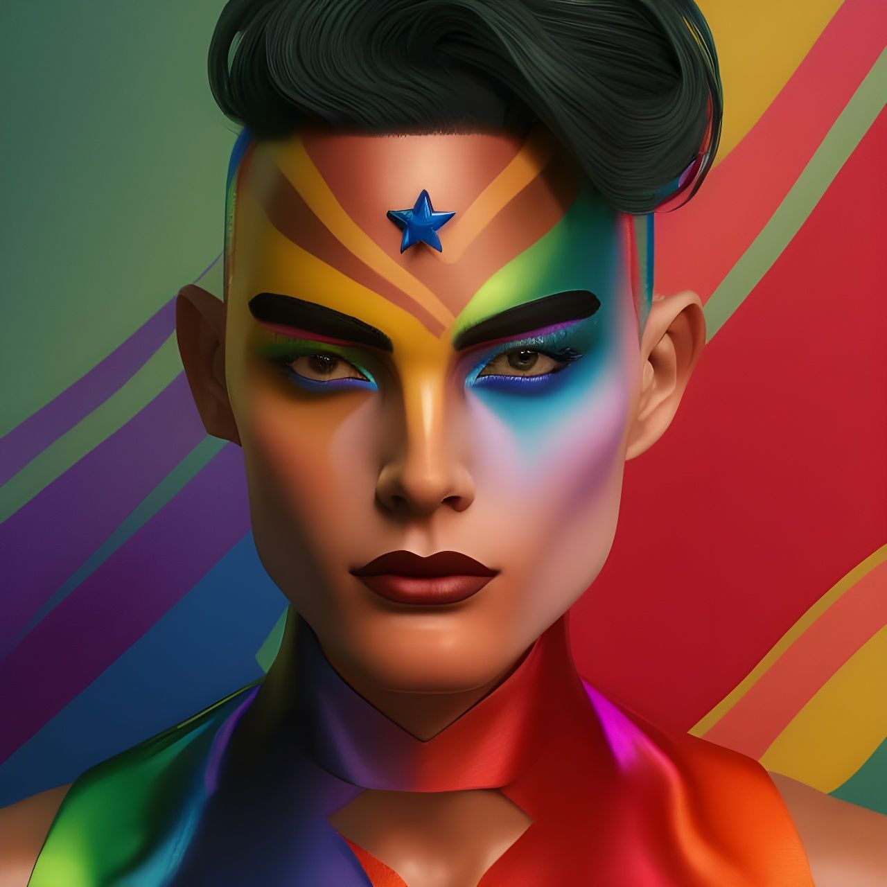 Rainbow Wonder Woman Portrait in Fantasy Mural Style