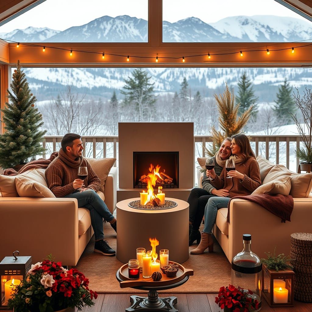 Cozy Family Gathering at Winter Vineyard, Cinematic Style