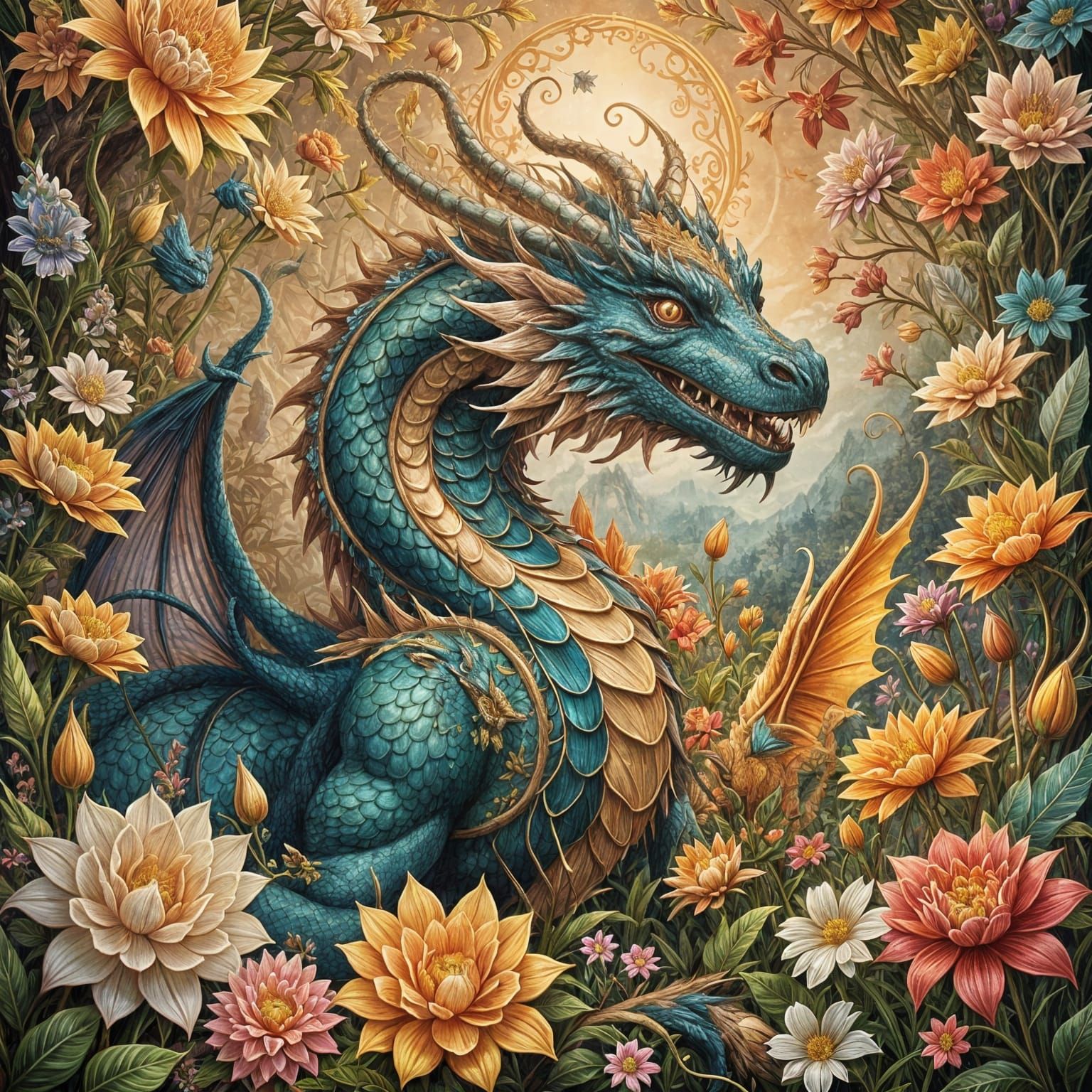 Luminous Embroidered Dragon with Fairy and Flowers