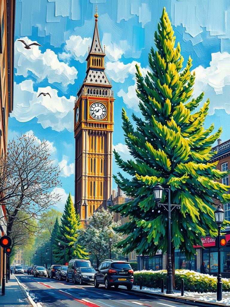 Snowy London Scene: Big Ben in Neo-Impressionist Style