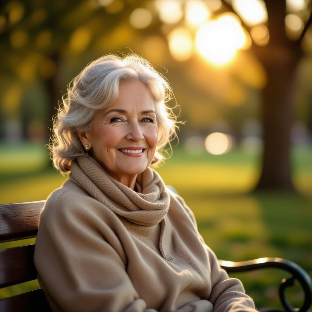 Serene Older Woman on Park Bench in Golden Hour Light