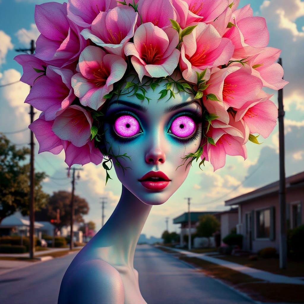 Glowing Goddess of Whimsy in Surreal Suburban Dreamscape