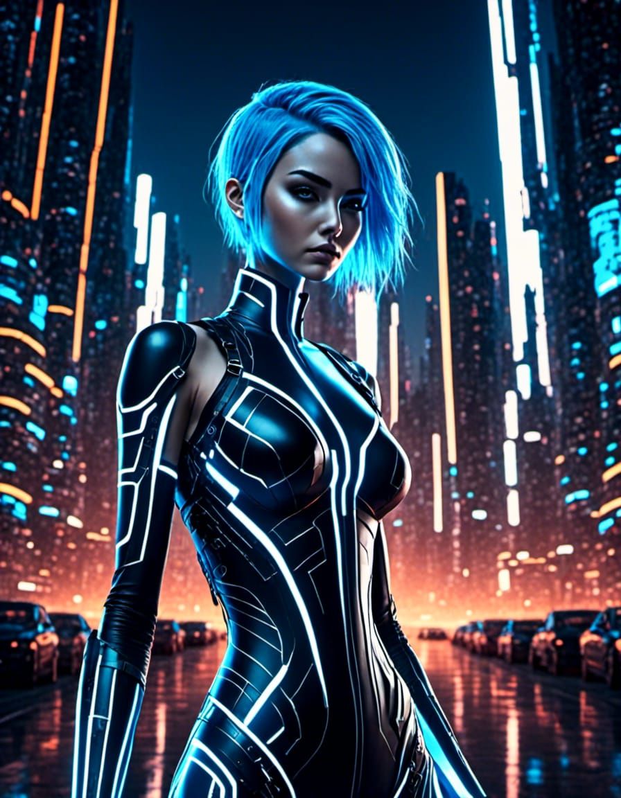 2d cell animation Anime Blue haired Woman in TRON style black and white glowing bodysuit in computer themed cityscape. F...
