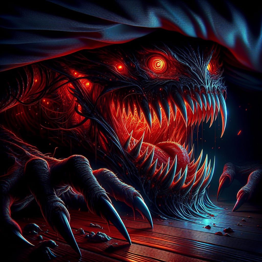Frightening Monster Hiding Under Bed in Dark Fantasy