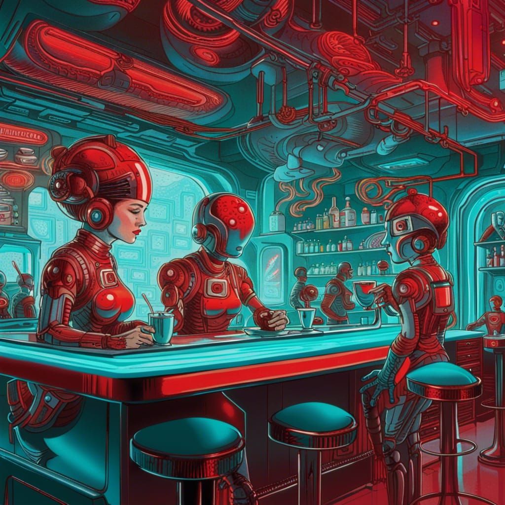 Retro Futuristic Space Coffee Shop with Cyborg Waitress