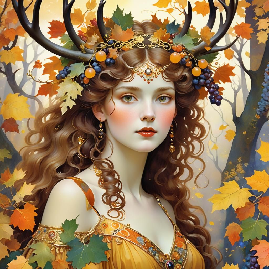 Autumn Goddess Portrait in Art Nouveau Style