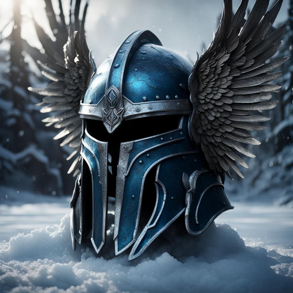 Icy Metallic Norse Helmet: Cinematic Winter Scene