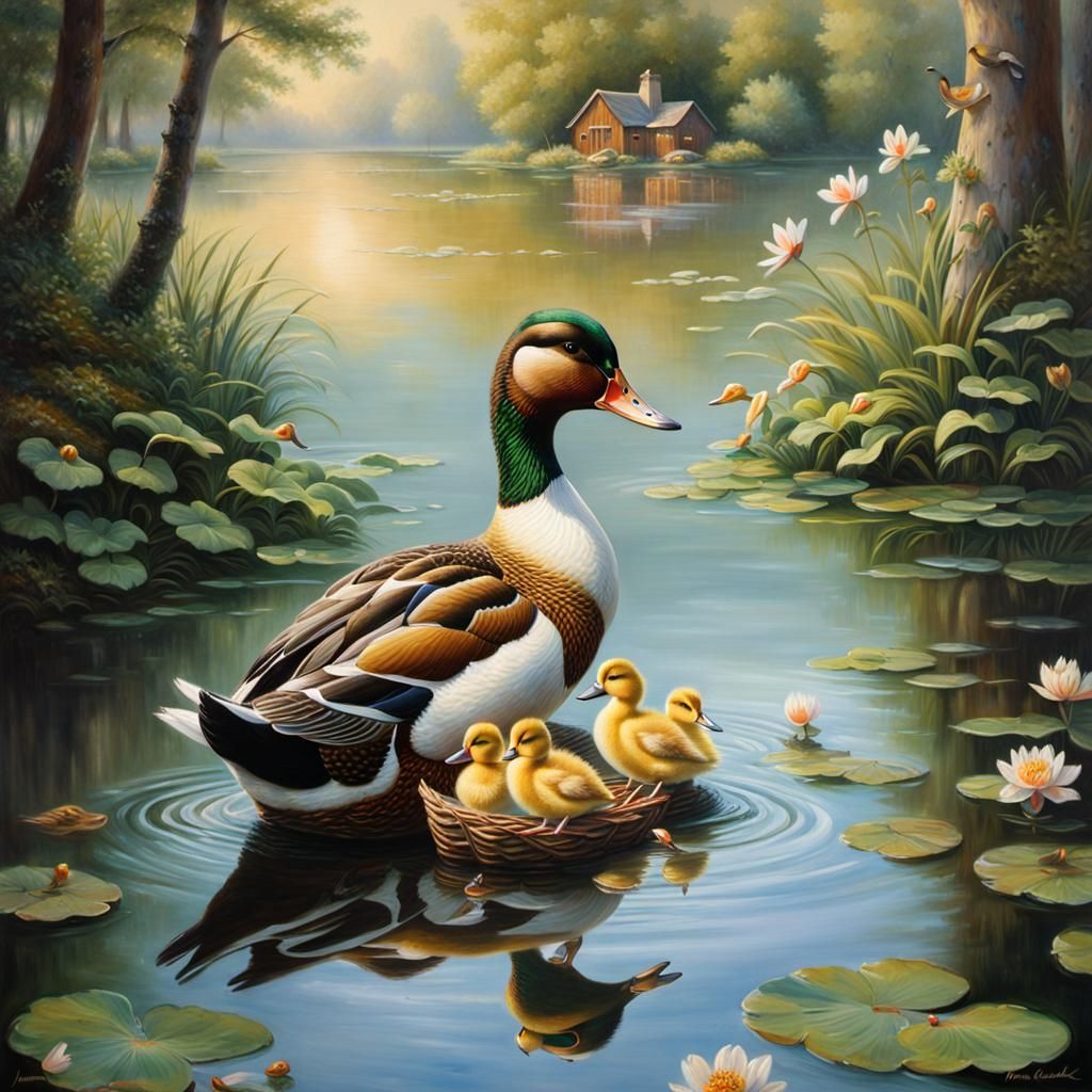 Renaissance Duck Family on Serene Lake