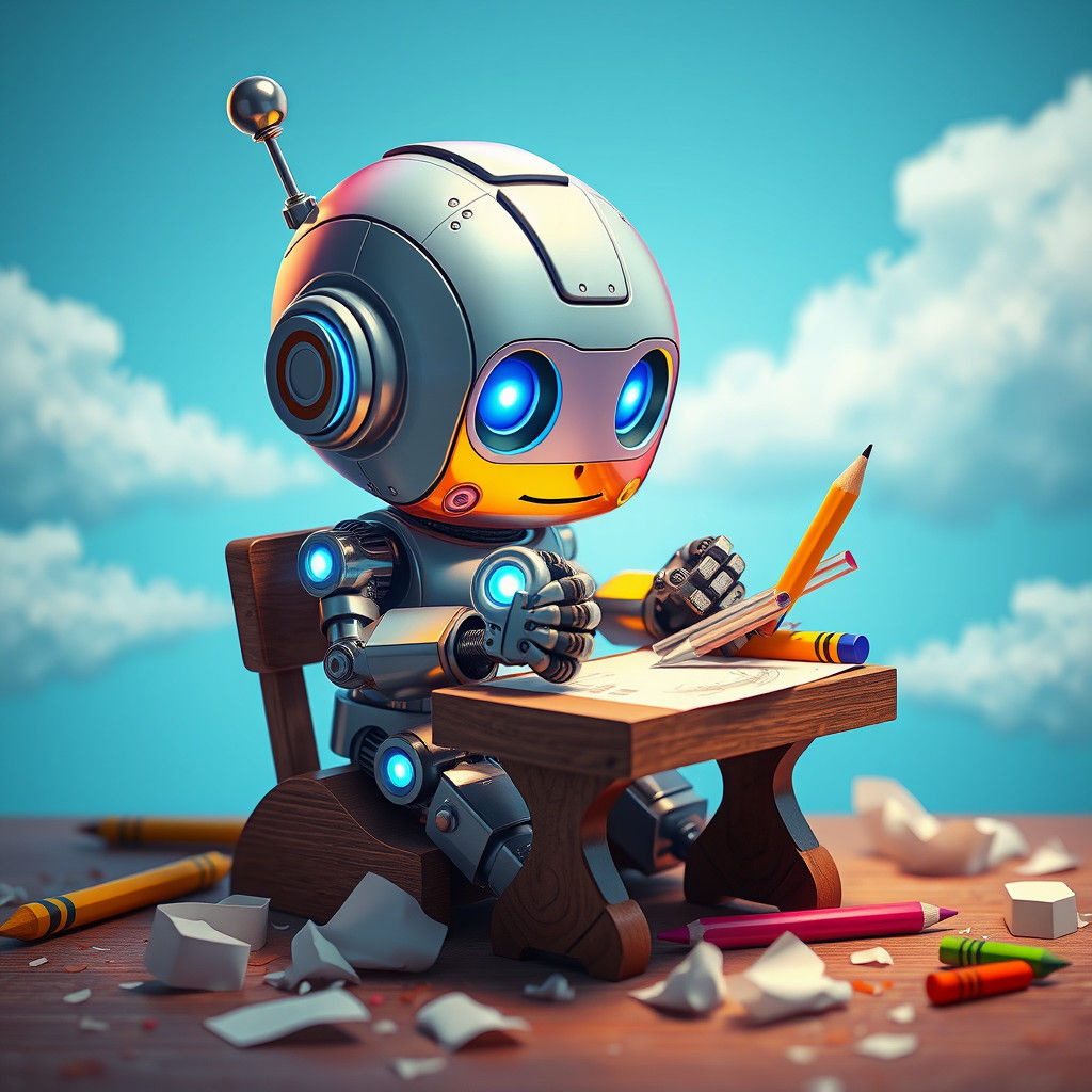 Cartoon Robot's Crayon Masterpiece in Dreamlike Setting