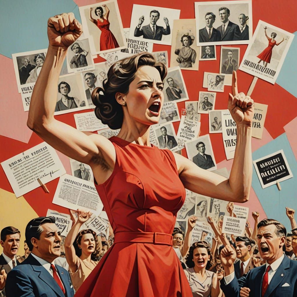 Dadaist Collage: Woman Protesting in Pastel Colors