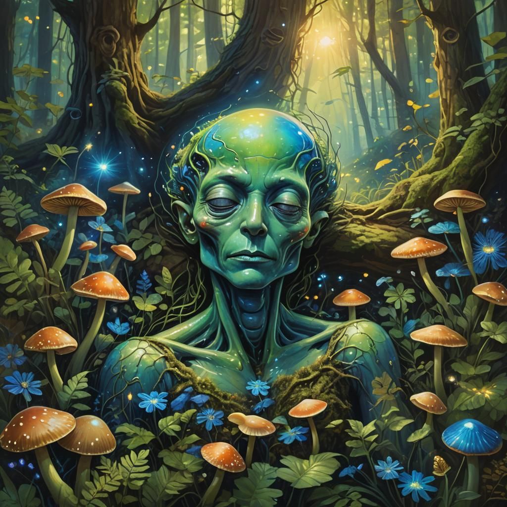 Alien Sleeping Peacefully in Lush Forest: Naive Art