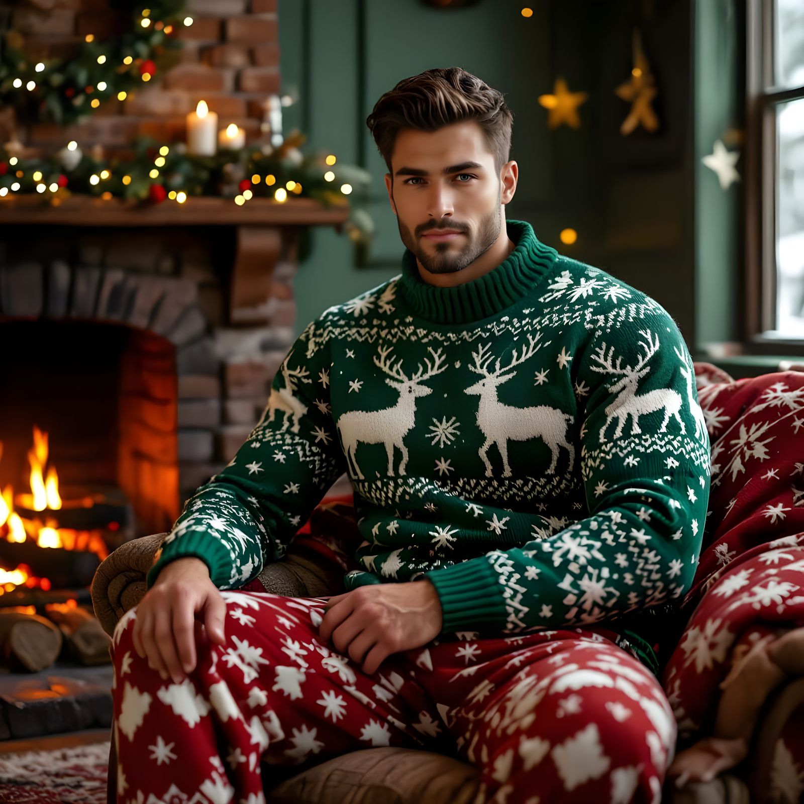 Muscular Man in Reindeer Sweater by Fireplace