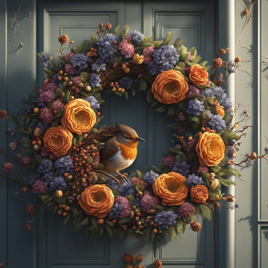 Whimsical Wren Sanctuary in Vibrant Flower Wreath