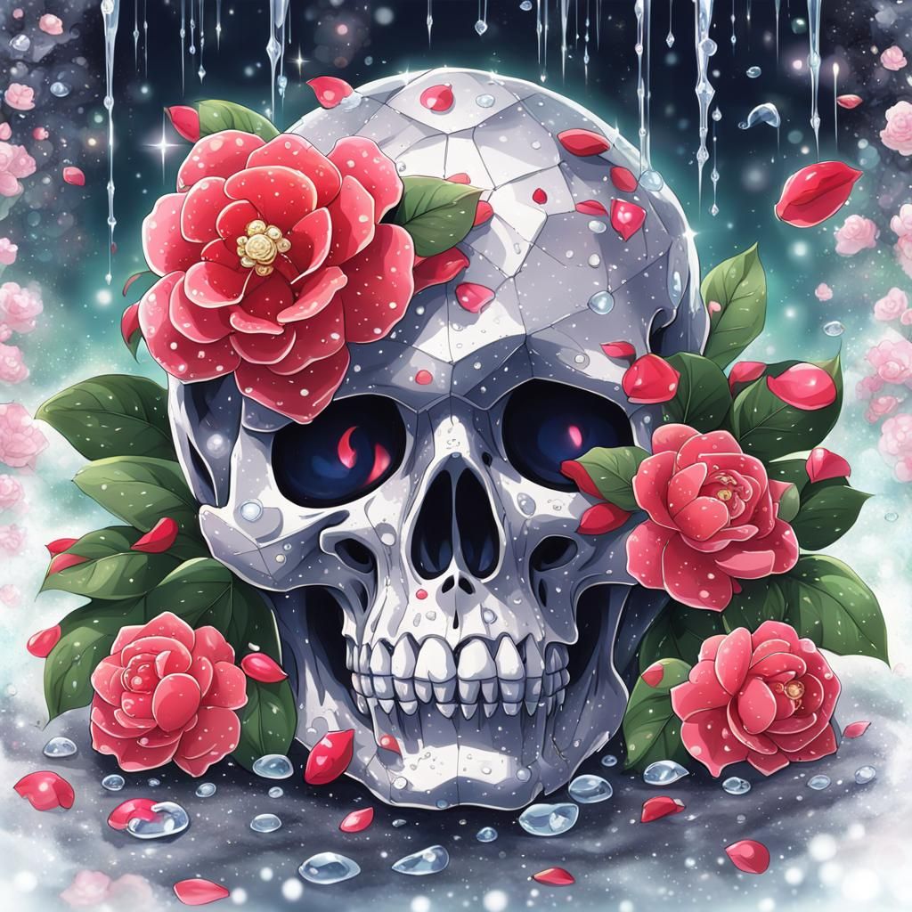 Diamond Skull with Dew and Anime Flowers