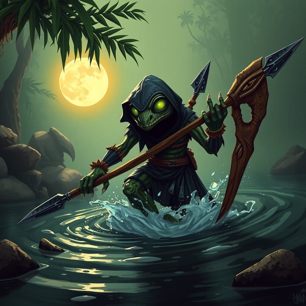 Dark Fantasy Jungle Assassin Emerges from Moonlit Lagoon