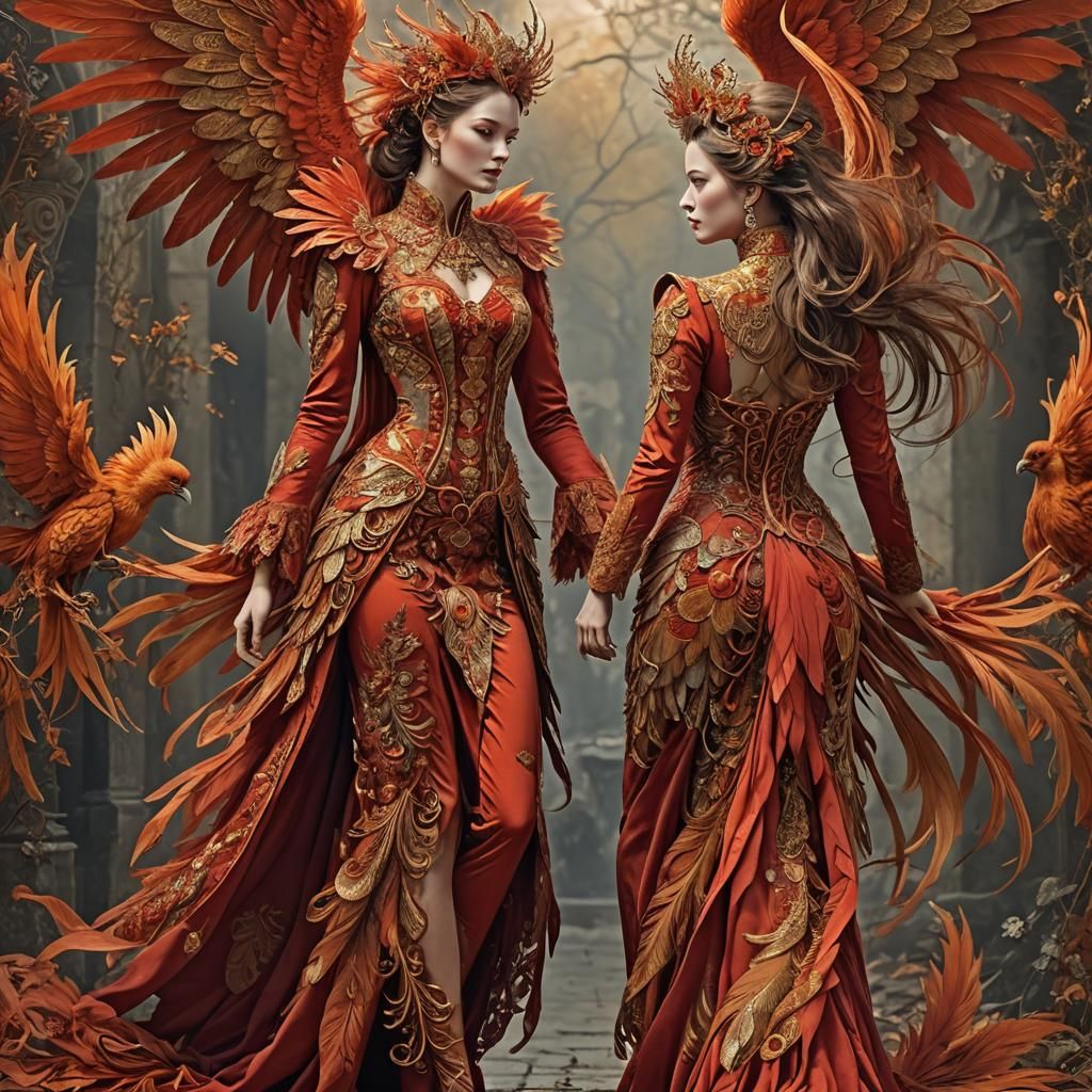 Woman in Phoenix Dress with Fire Powers