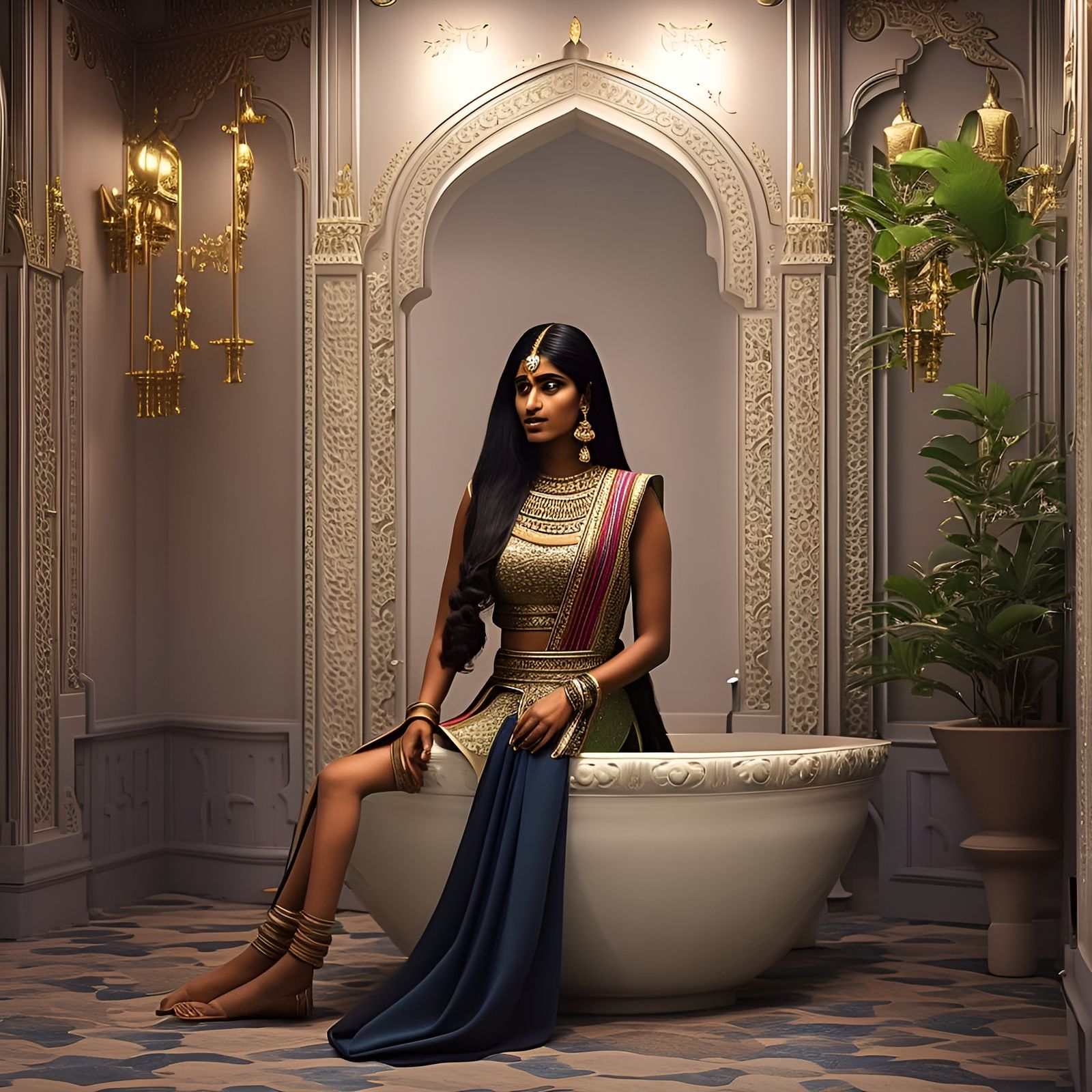 Beautiful Indian Woman in Ornate Bathroom, Octane Render