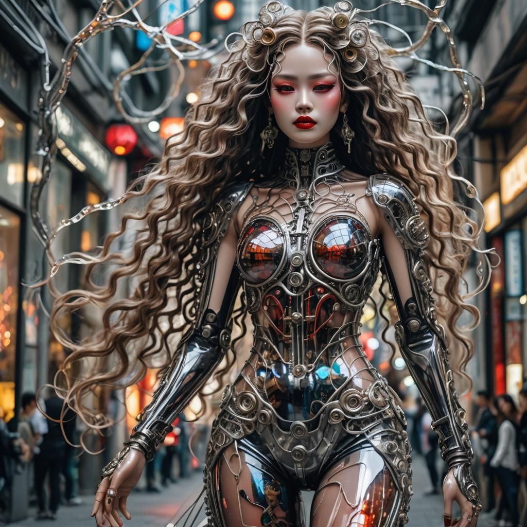 Giger-Inspired Holographic Woman in Exoskeleton on Hibiya St...