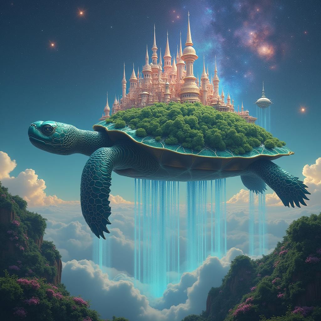 Floating City on Turtle's Back in Galaxy Sky