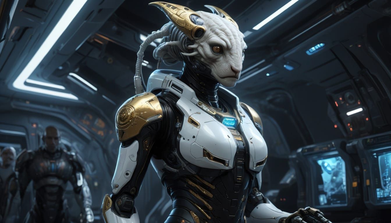 Alien and Robot on Futuristic Starship