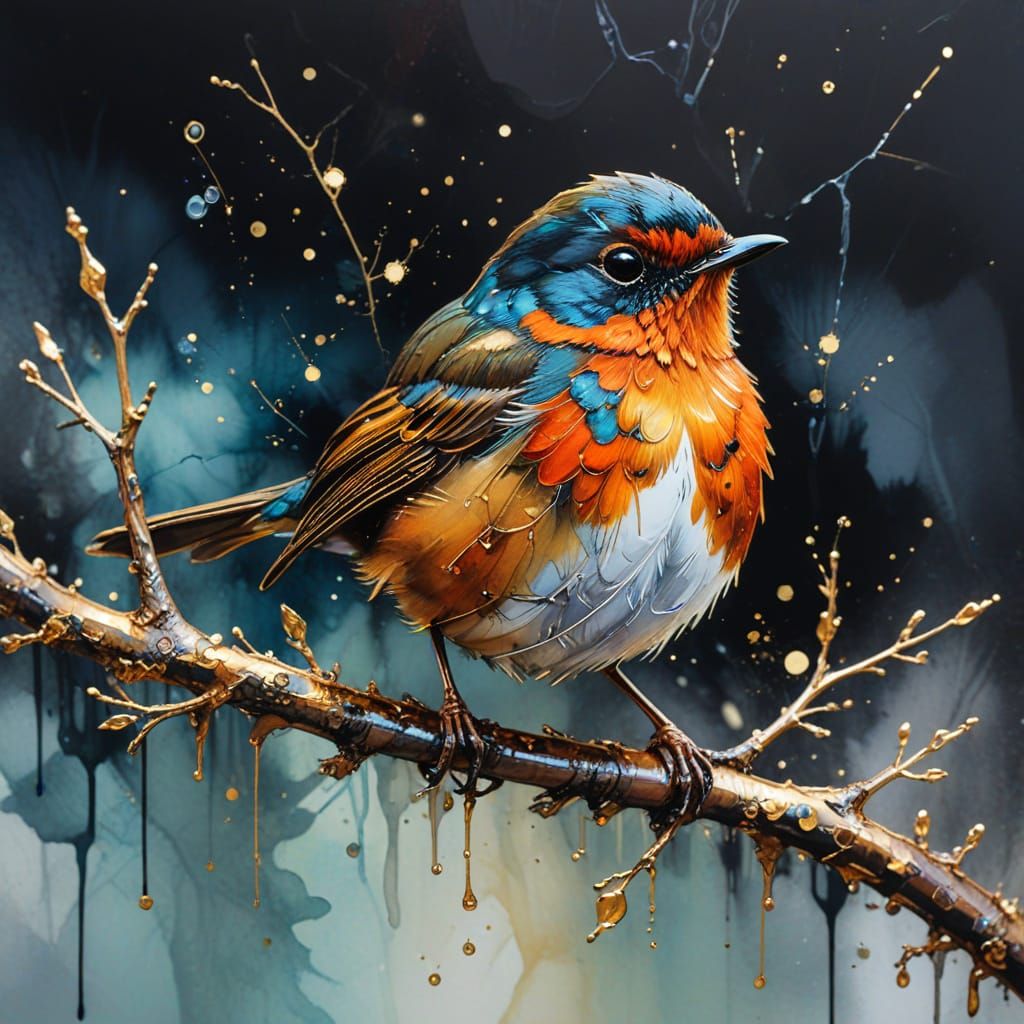 Impressionist Robin with Alcohol Ink and Gold Veins