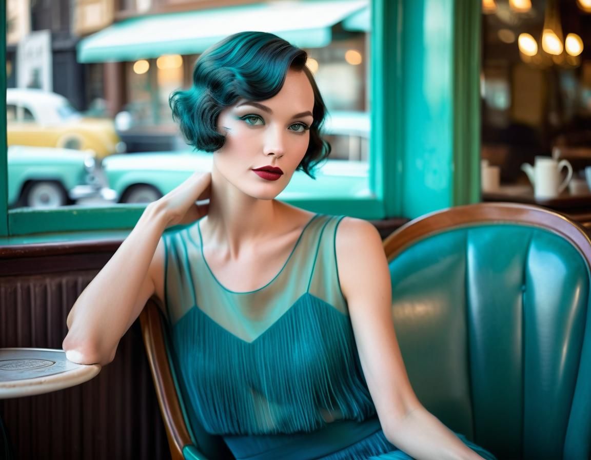 Teal-Eyed Woman in Art Deco Cafe Scene