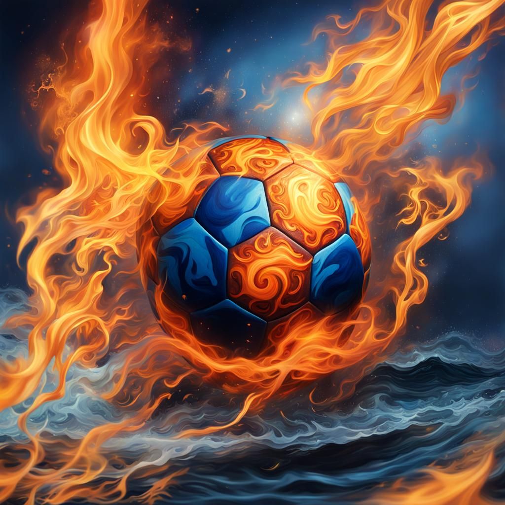 Flaming Soccer Ball Gliding Over Ocean in Hyperrealism