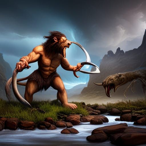 Caveman vs Saber-Tooth Tiger: Detailed Fantasy Art