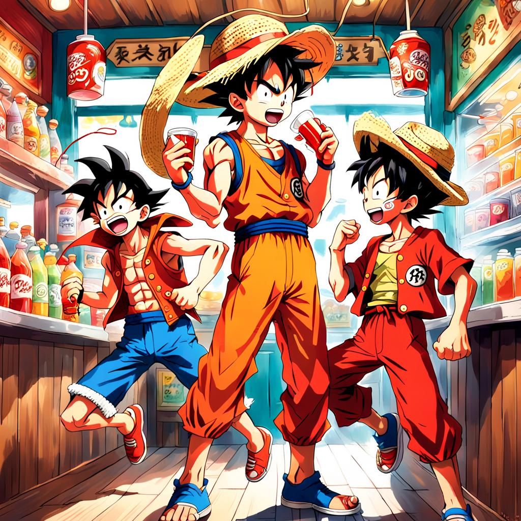 Goku and Luffy in Anime Style Soda Shop
