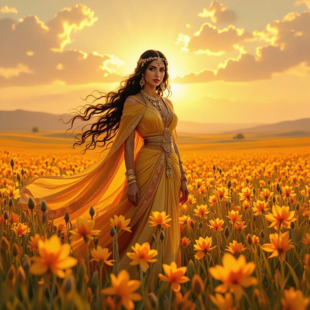 Ashi Goddess of Fortune in Golden Saffron Field