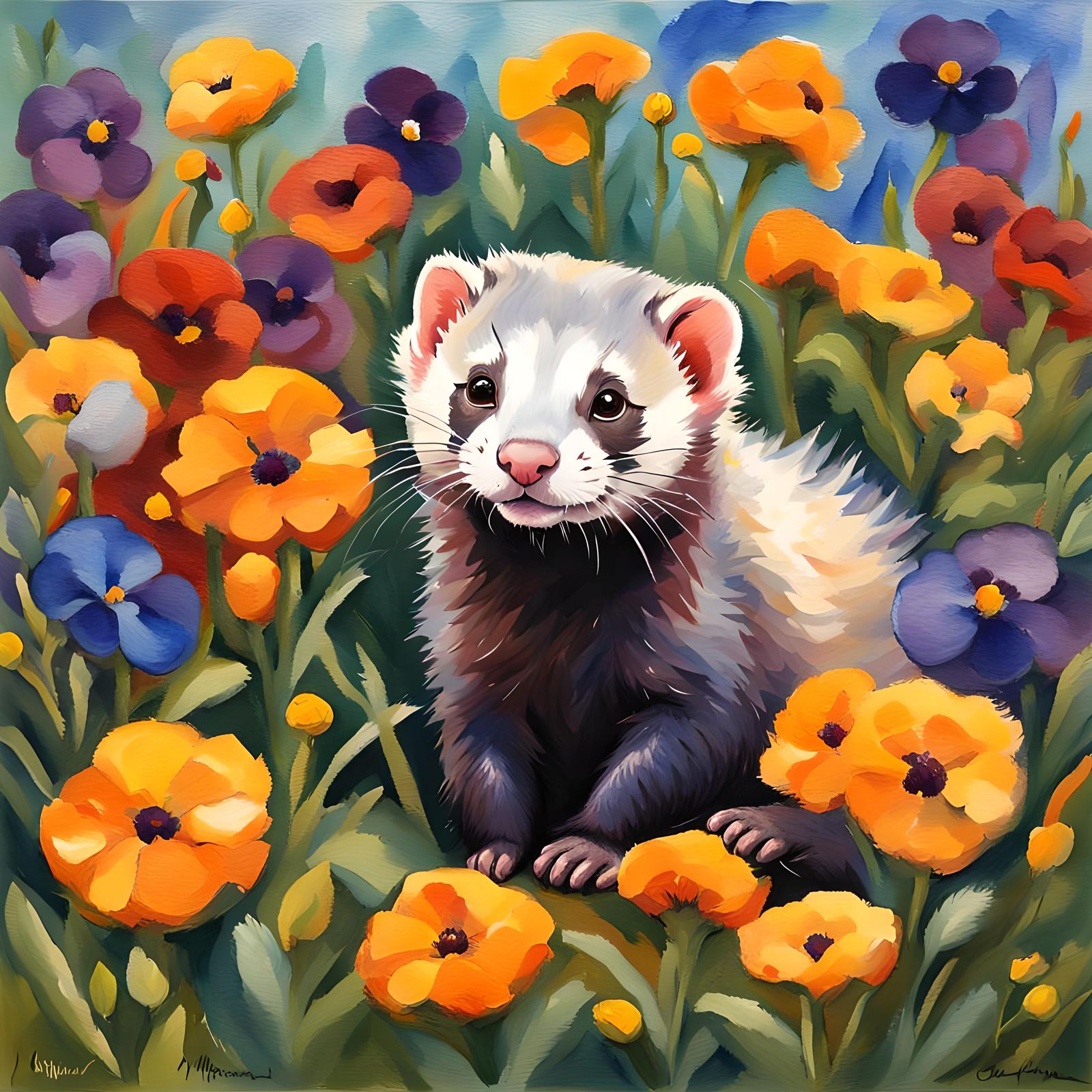 Ferret's Floral Frolic: Impressionist Gouache Garden Scene