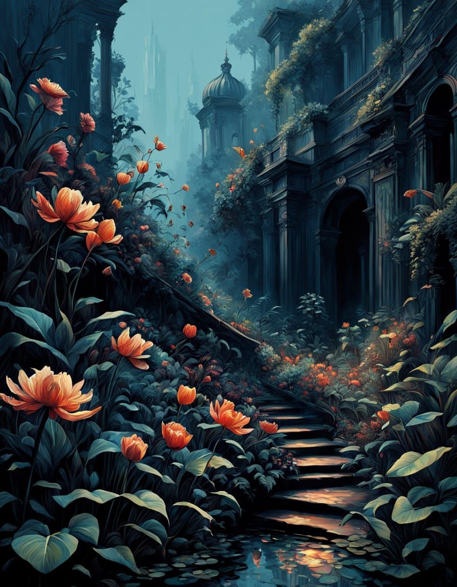 Intricate Watercolor Flowers in Dark Baroque Style