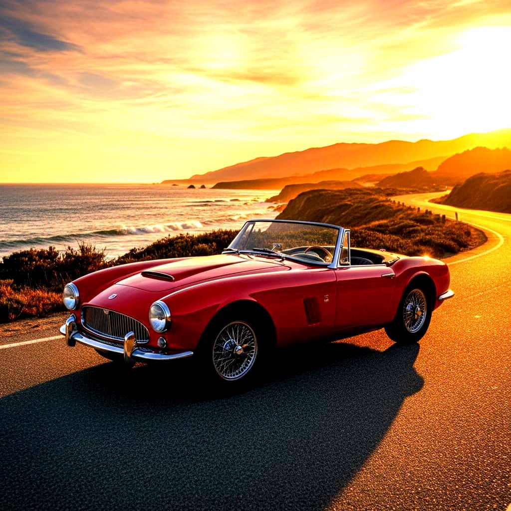 Gleaming Red Vintage Sports Car on Coastal Road at Sunset