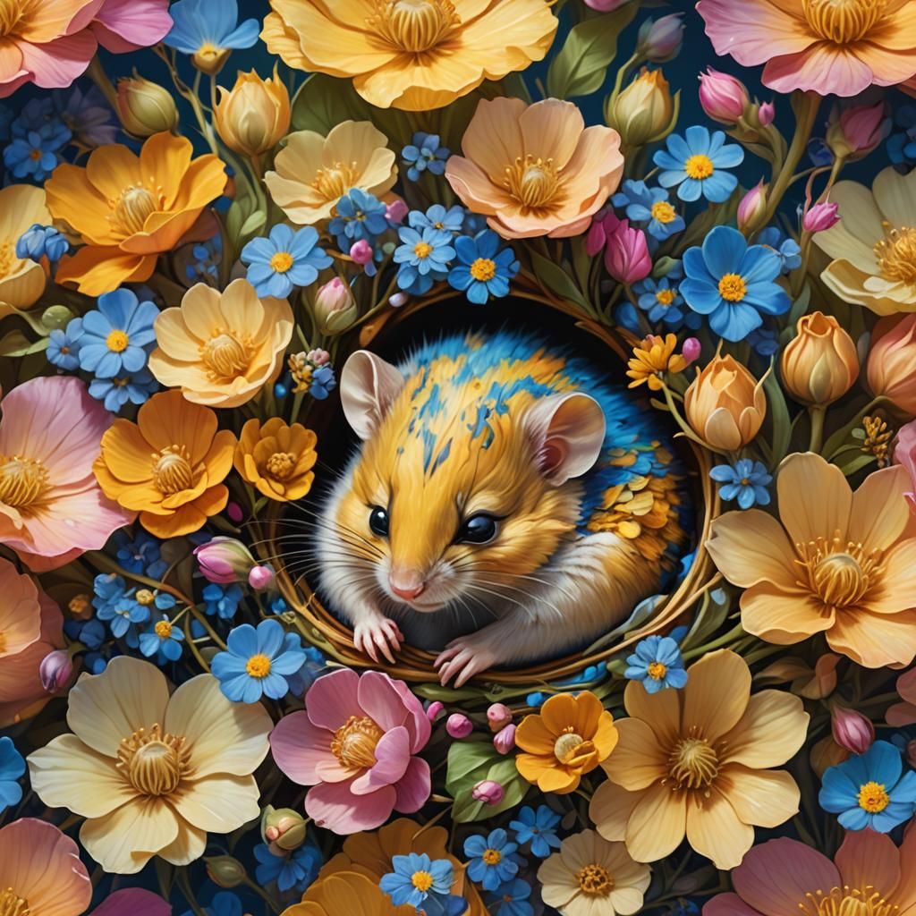 Dormouse Sleeping in Flower, Impressionistic Fantasy Art