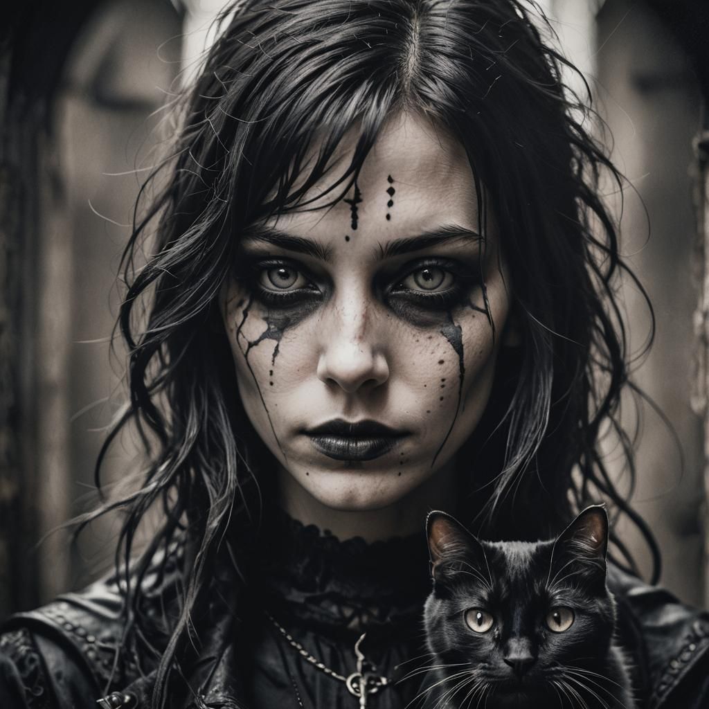 Gothic Girl with Black Cat Portrait in Ink Style