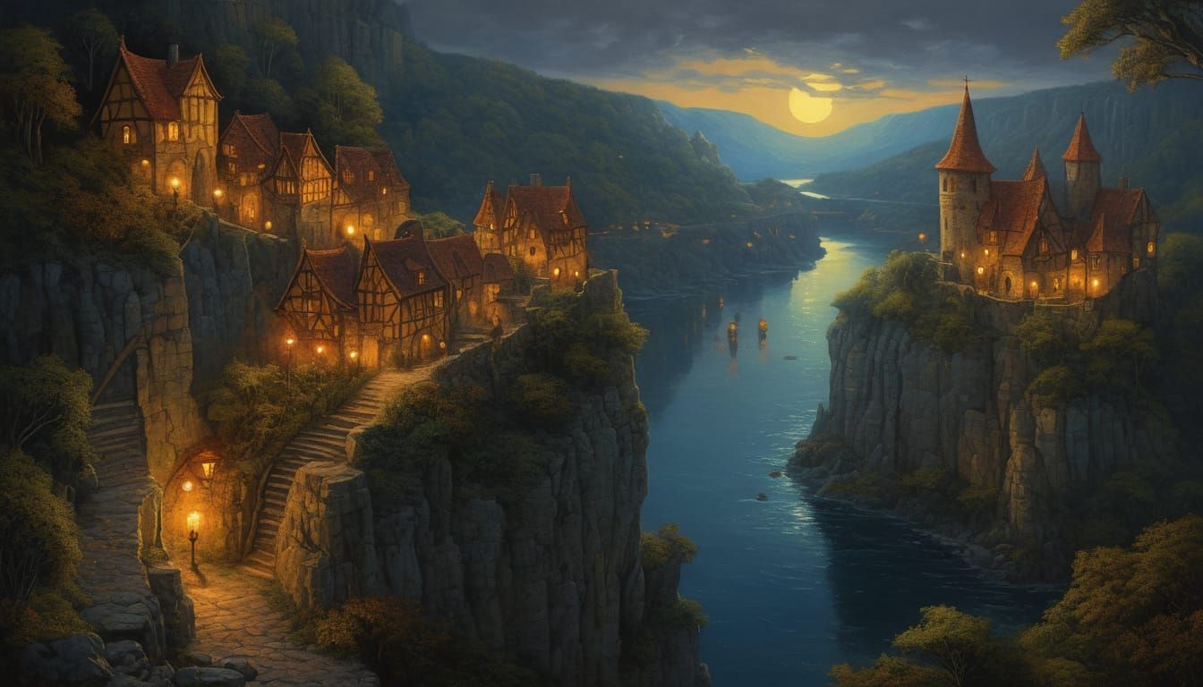 Romantic Oil Painting of Cliffside Medieval City