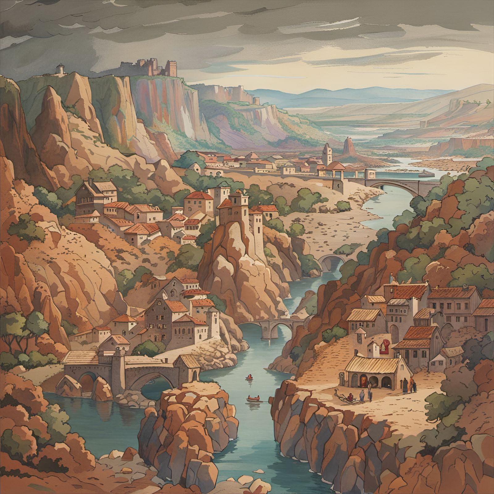 Medieval Canyon City in Watercolor Style