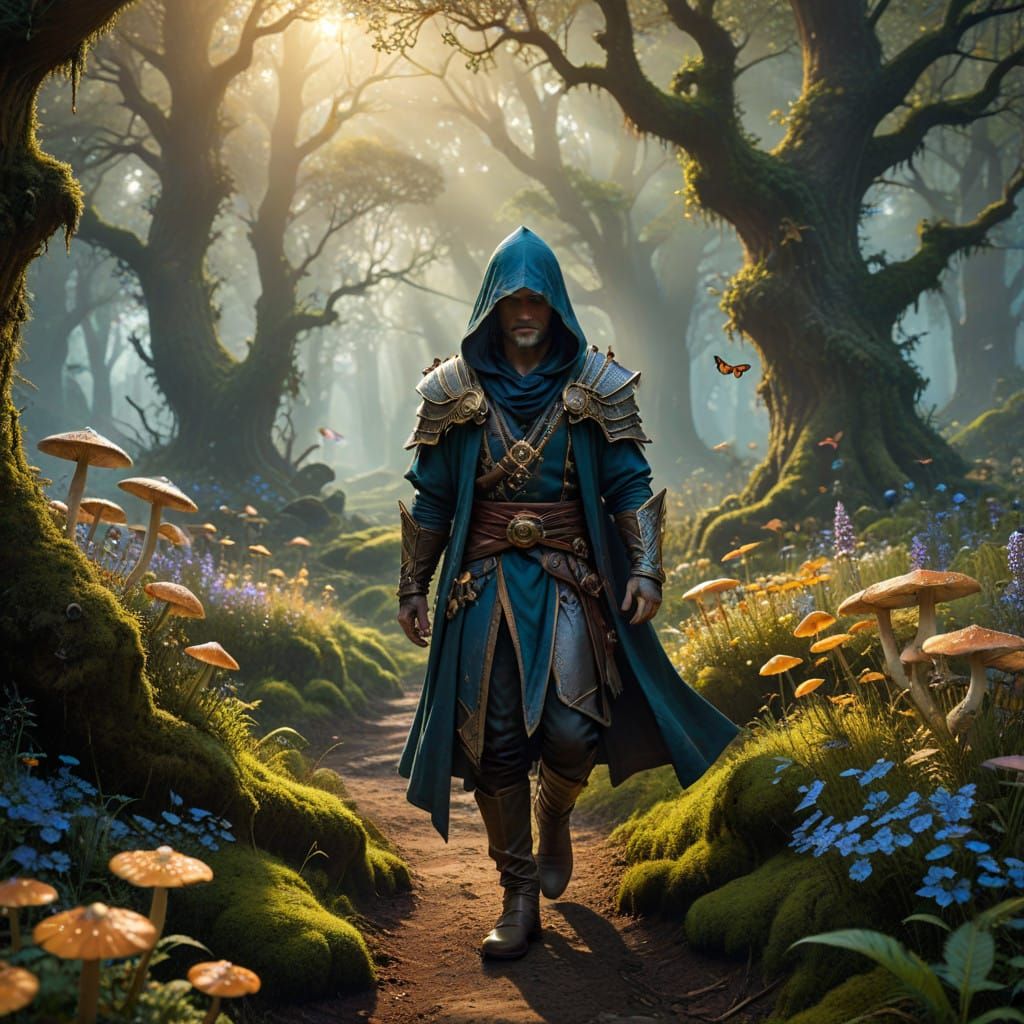 Mystical Mage Walks Ancient Forest Path, Surrounded by Encha...