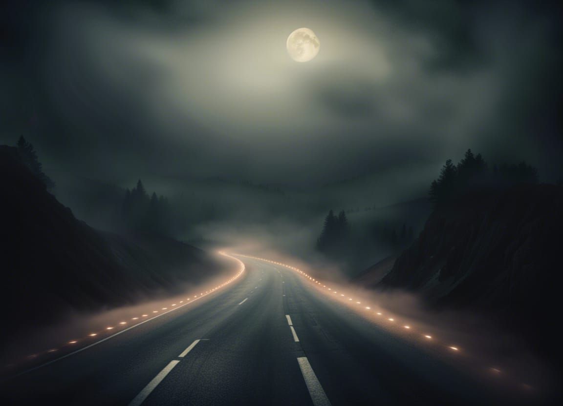 a dark round highway dreamlike, foggy dreamy, surrealism