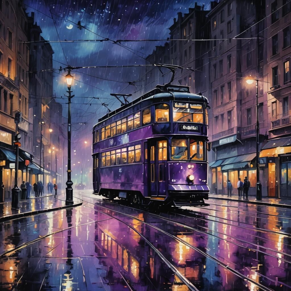 Tram at Night in Modern European Ink Style