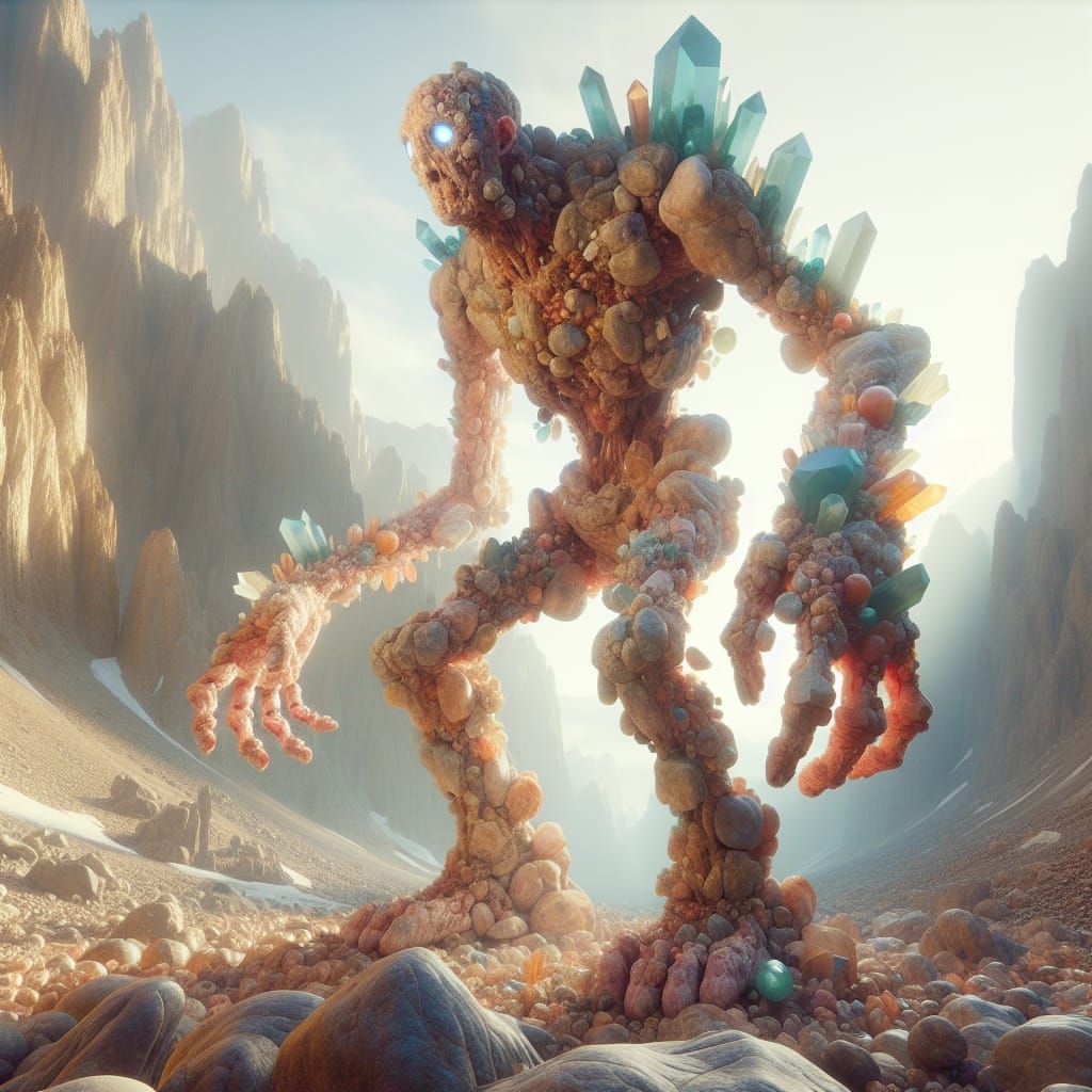 Crystal Infused Rock Golem in Fantasy Landscape