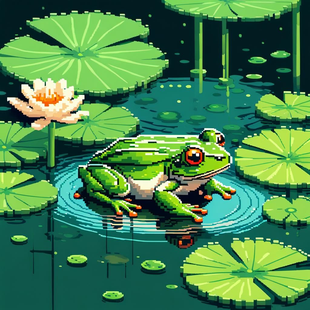 8-Bit Frog on Lilypad in Pixel Art Style