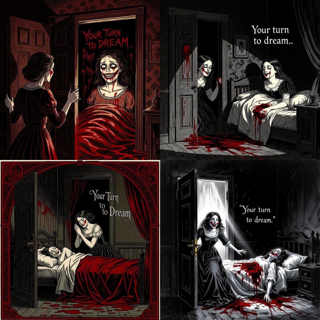 Horror Scene: Self-Reflection Awakens in Blood-Scented Room