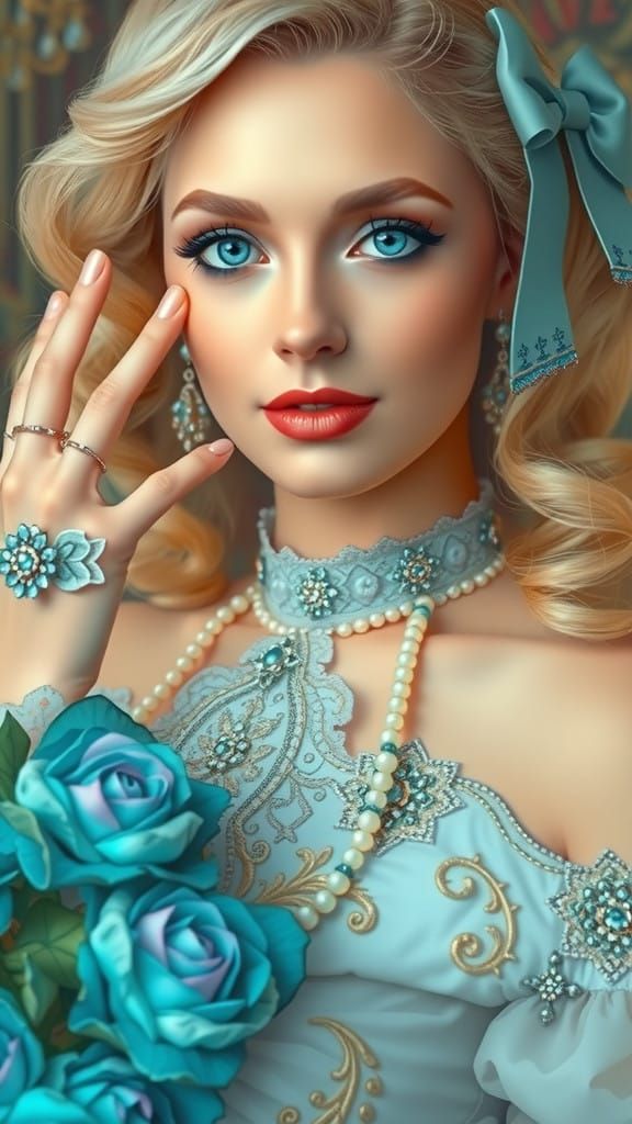 Elegant Lady in Victorian Ballgown with Blue Roses